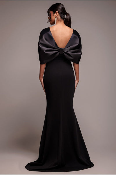 Off Shoulder Back Satin Bow Scuba Maxi Dress - Black