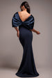 Off Shoulder Back Satin Bow Scuba Maxi Dress - Navy Blue by Goddiva