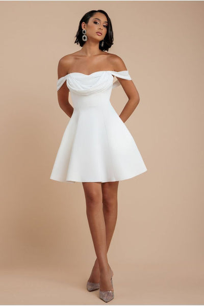 Cream - Sparkle Chiffon Cowl Bardot Skater Mini Dress - Cream by Goddiva
