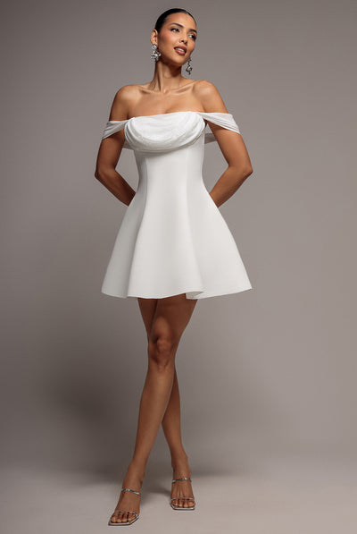 Sparkle Chiffon Cowl Bardot Skater Mini Dress - Cream by Goddiva