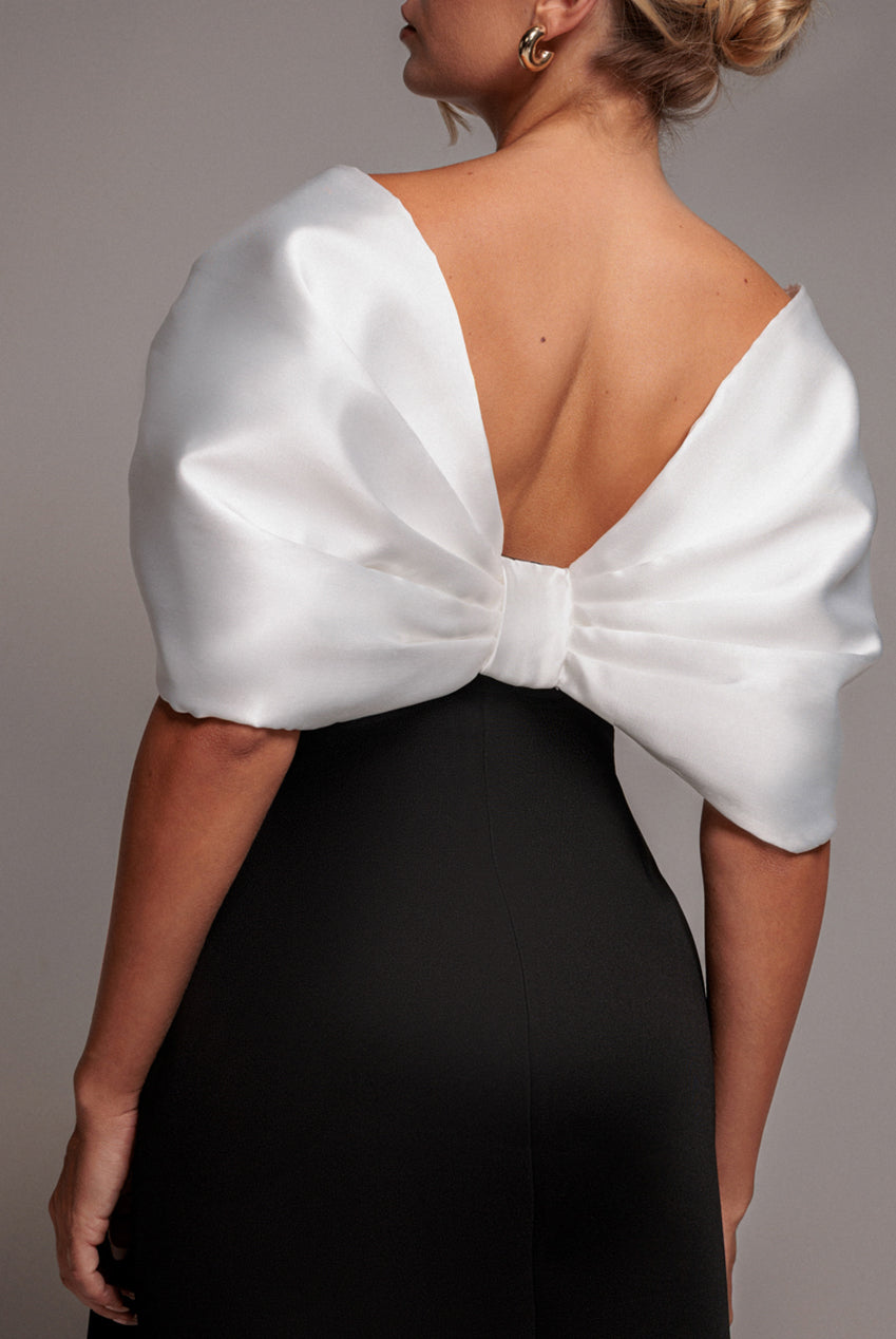 Contrast Off Shoulder Back Satin Bow Scuba Mini Dress - Black Cream DR4713CONTRAST