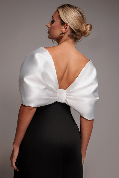 Contrast Off Shoulder Back Satin Bow Scuba Mini Dress - Black Cream by Goddiva