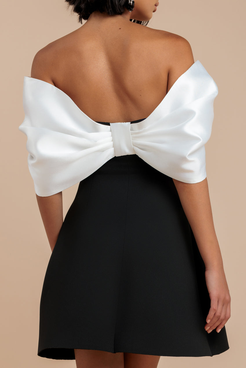 Contrast Off Shoulder Back Satin Bow Scuba Mini Dress - Black Cream DR4713CONTRAST