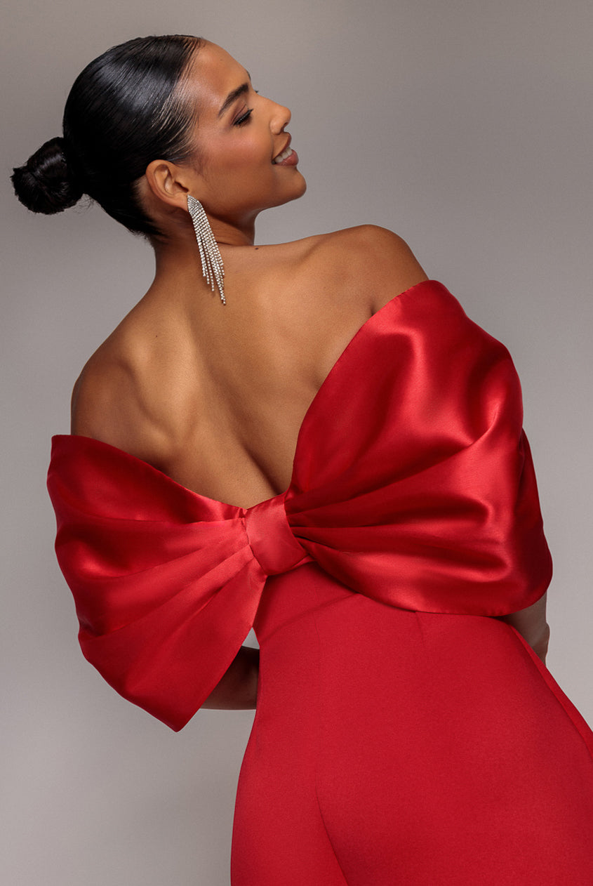 Off Shoulder Back Satin Bow Scuba Mini Dress - Red DR4713