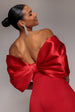Off Shoulder Back Satin Bow Scuba Mini Dress - Red by Goddiva
