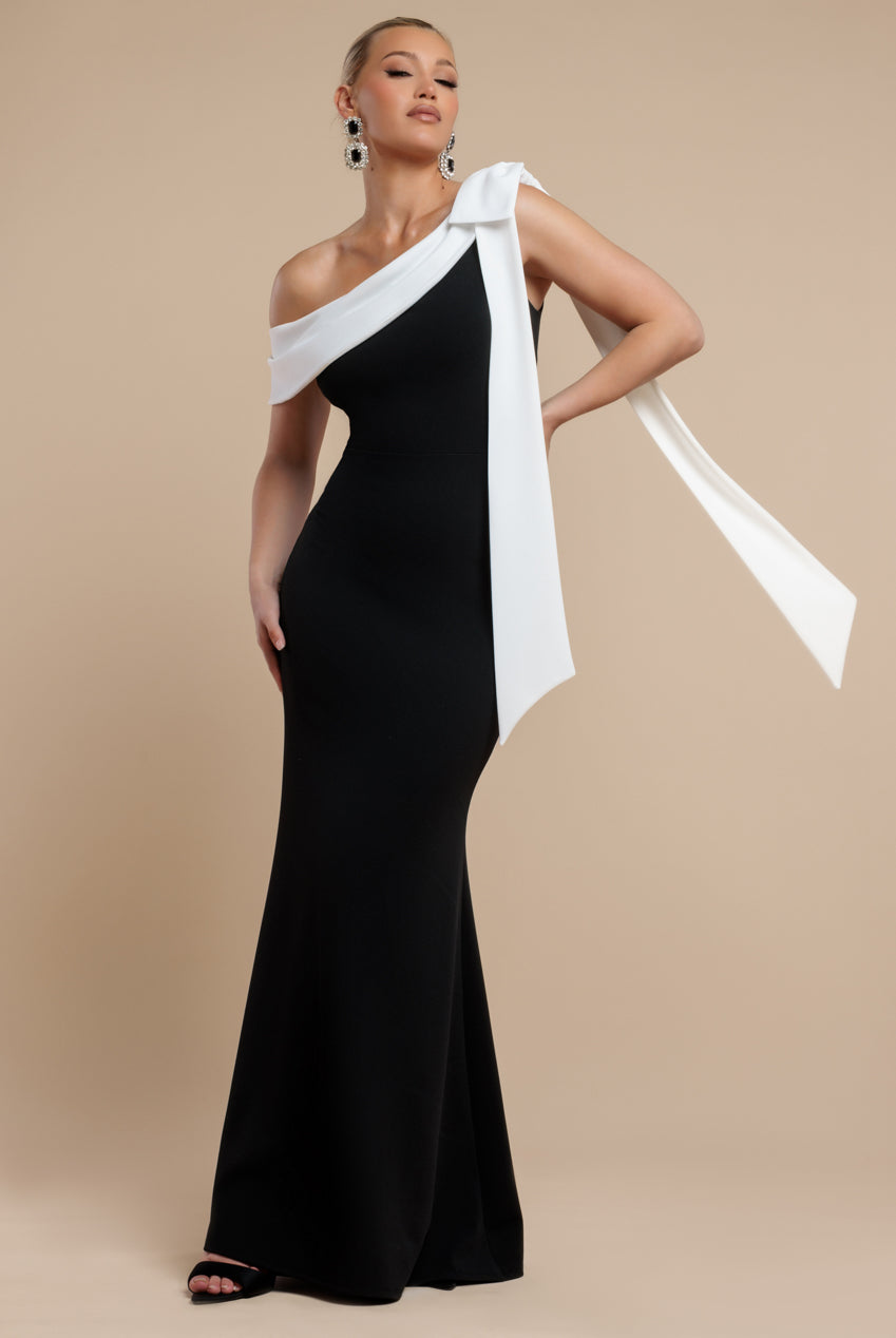 One Shoulder Contrast Bow Maxi Dress - Black Cream DR4717