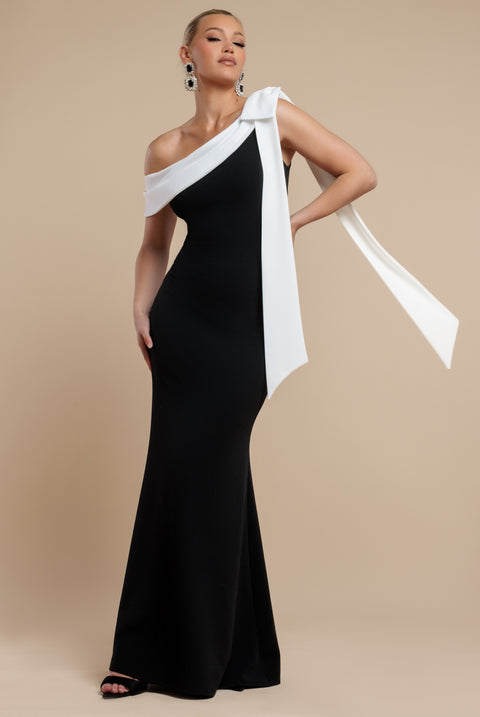 Goddiva One Shoulder Contrast Bow Maxi Dress - Black Cream