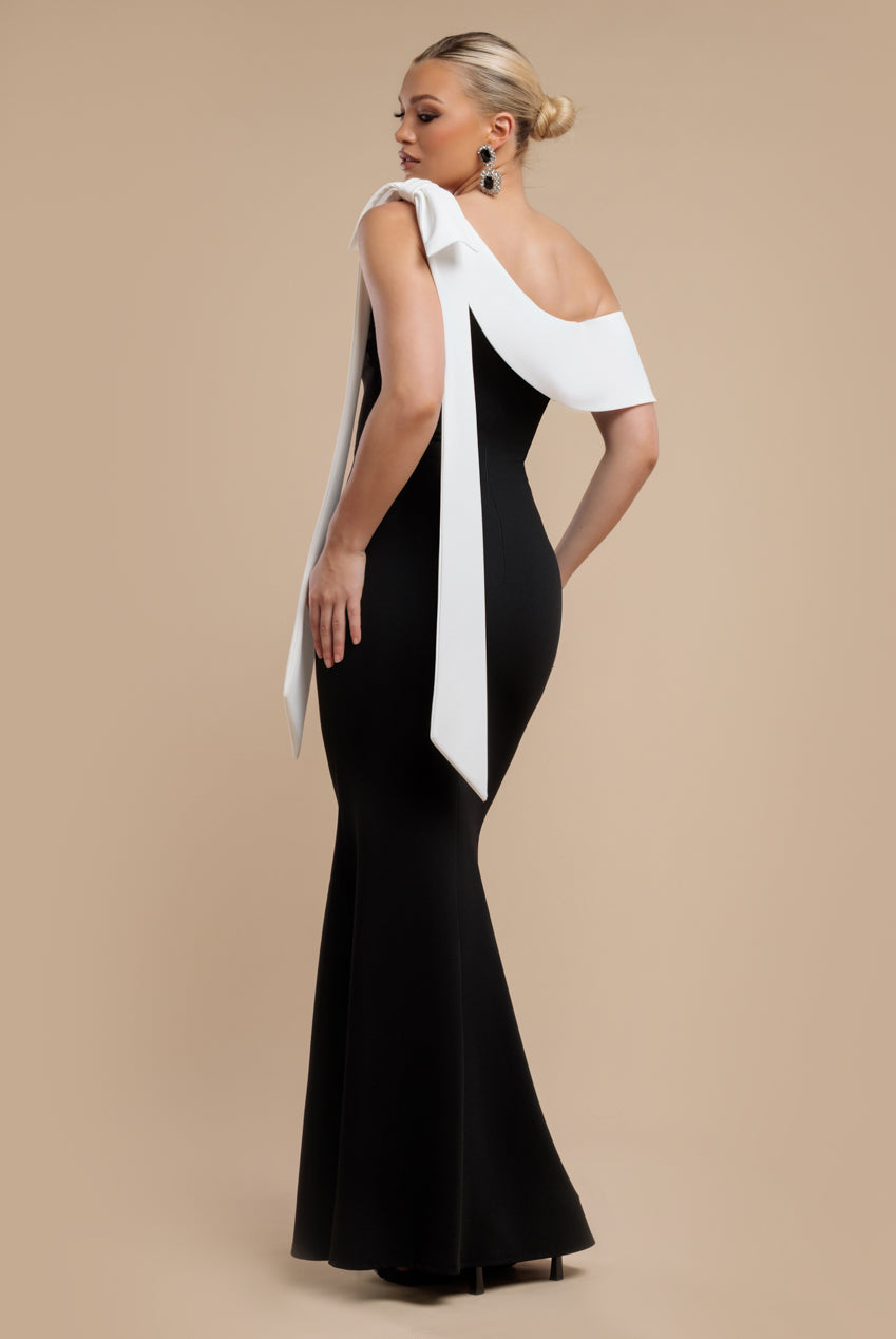 One Shoulder Contrast Bow Maxi Dress - Black Cream DR4717