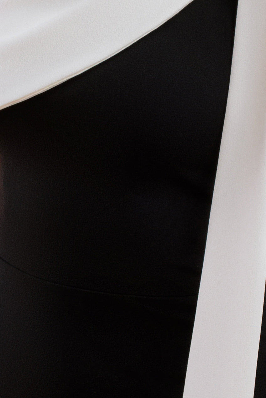 One Shoulder Contrast Bow Maxi Dress - Black Cream DR4717