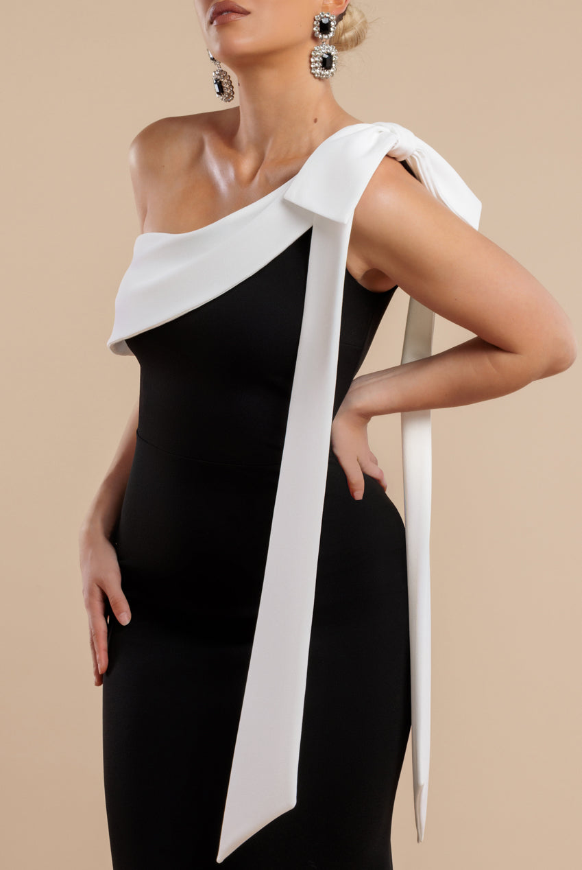 One Shoulder Contrast Bow Maxi Dress - Black Cream DR4717