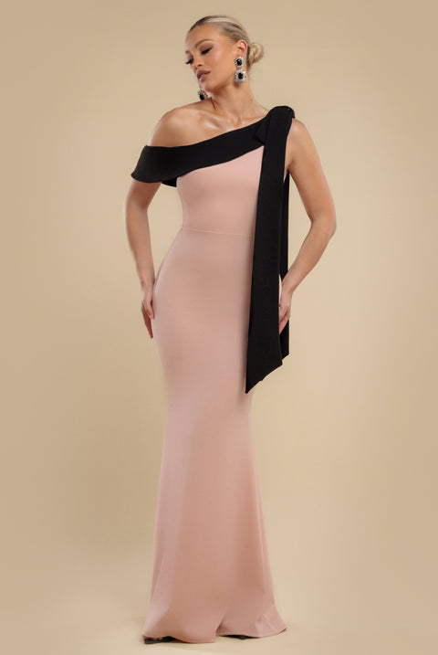 Goddiva One Shoulder Contrast Bow Maxi Dress - Nude Black