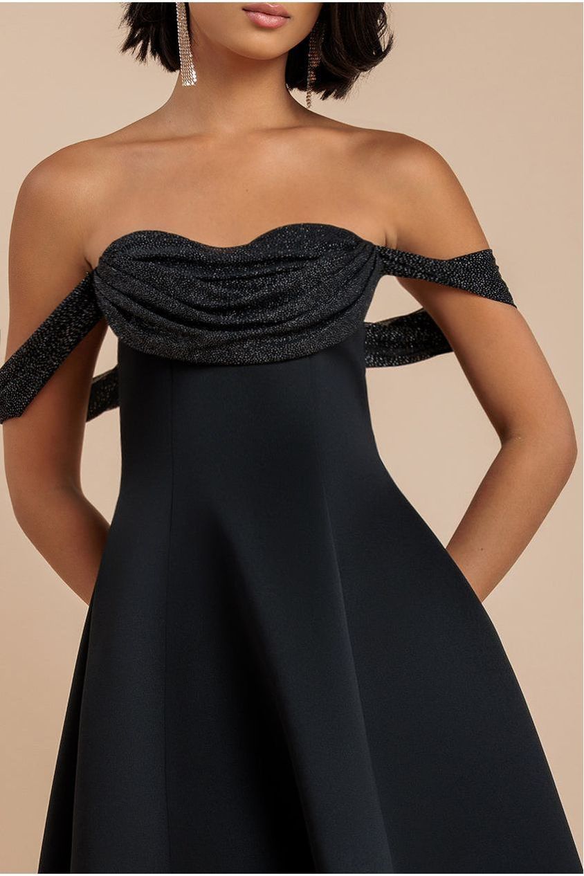 Sparkle Chiffon Cowl Bardot Skater Midi Dress - Black DR4721