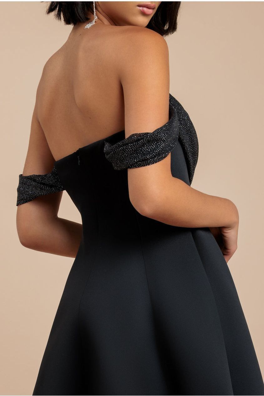 Sparkle Chiffon Cowl Bardot Skater Midi Dress - Black DR4721