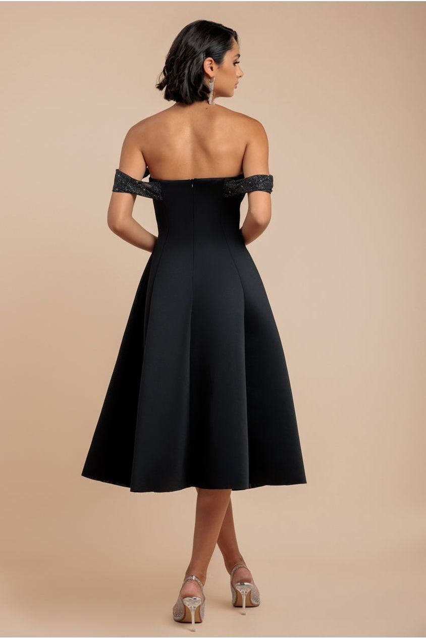 Sparkle Chiffon Cowl Bardot Skater Midi Dress - Black DR4721