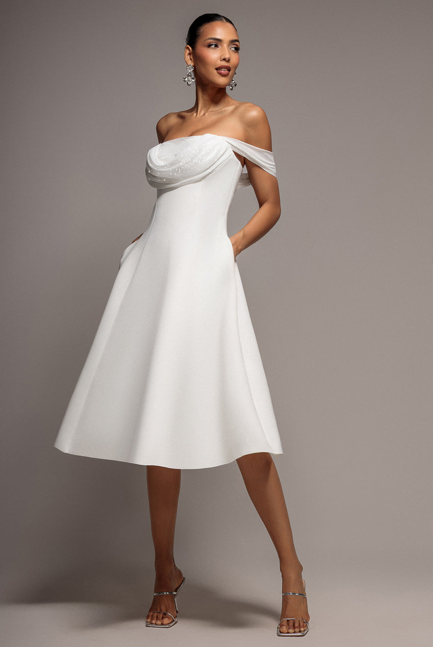 Sparkle Chiffon Cowl Bardot Skater Midi Dress - Cream DR4721