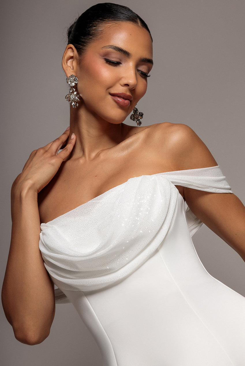 Sparkle Chiffon Cowl Bardot Skater Midi Dress - Cream DR4721