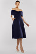 Bow Off The Shoulder A Line Midi Dress - Navy Blue by Goddiva
