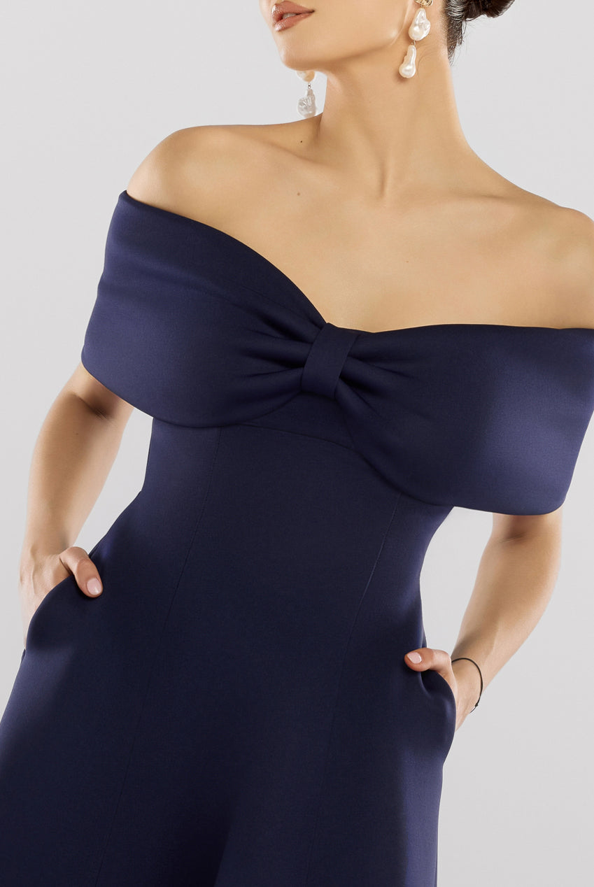 Bow Off The Shoulder A Line Midi Dress - Navy Blue DR4730