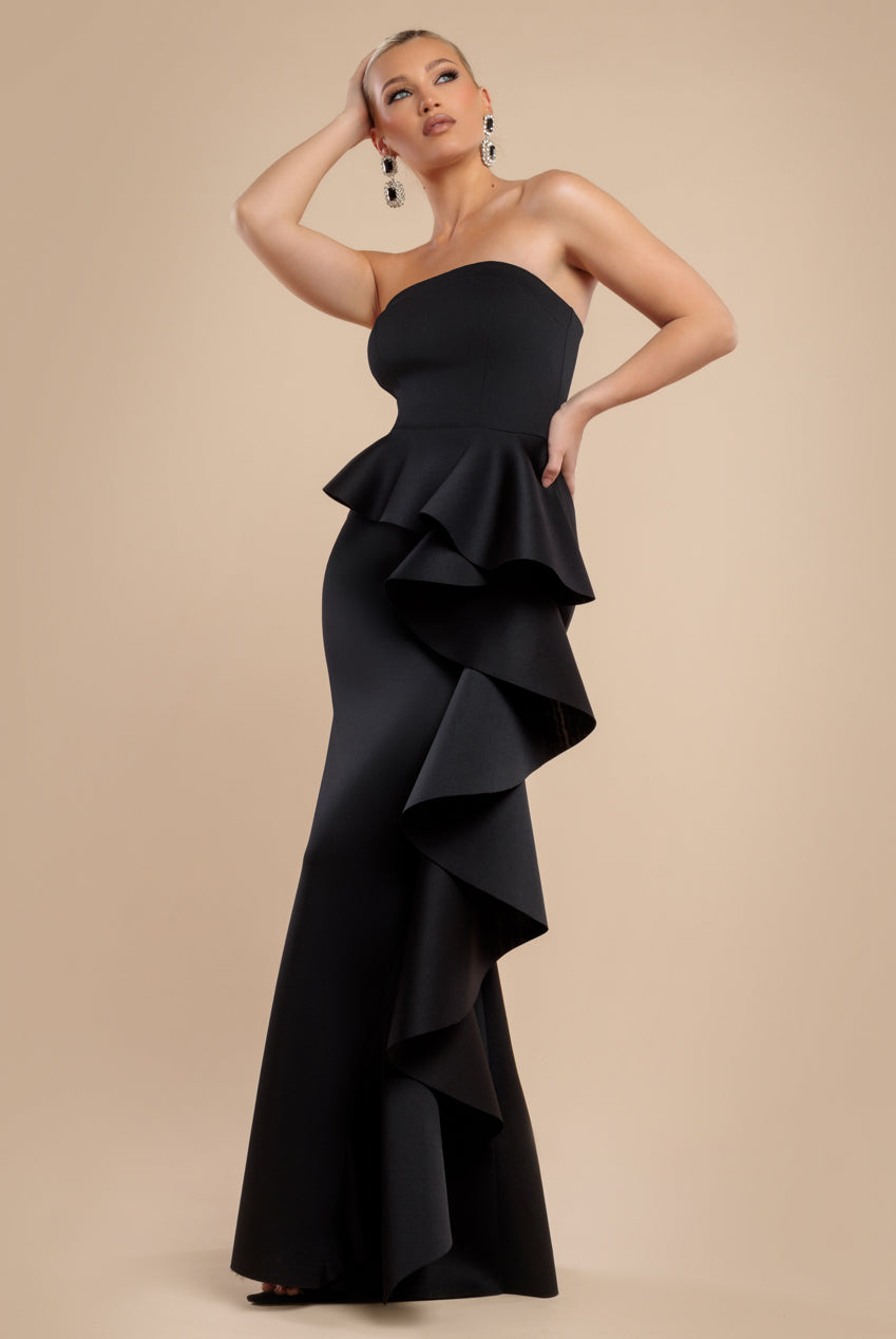Boobtube Peplum  Waterfall Frill Maxi Dress - Black DR4738