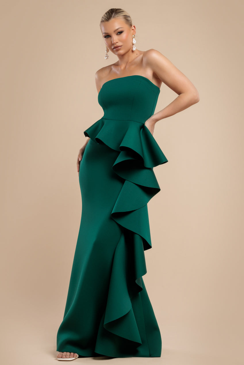 Boobtube Peplum  Waterfall Frill Maxi Dress - Emerald Green DR4738