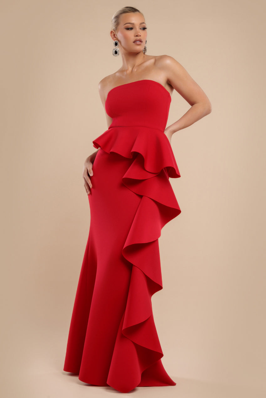 Boobtube Peplum  Waterfall Frill Maxi Dress - Red DR4738