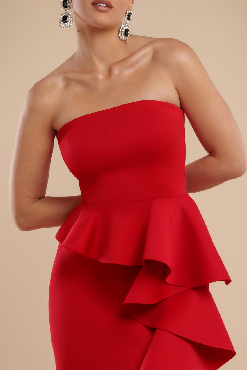 Boobtube Peplum  Waterfall Frill Maxi Dress - Red DR4738