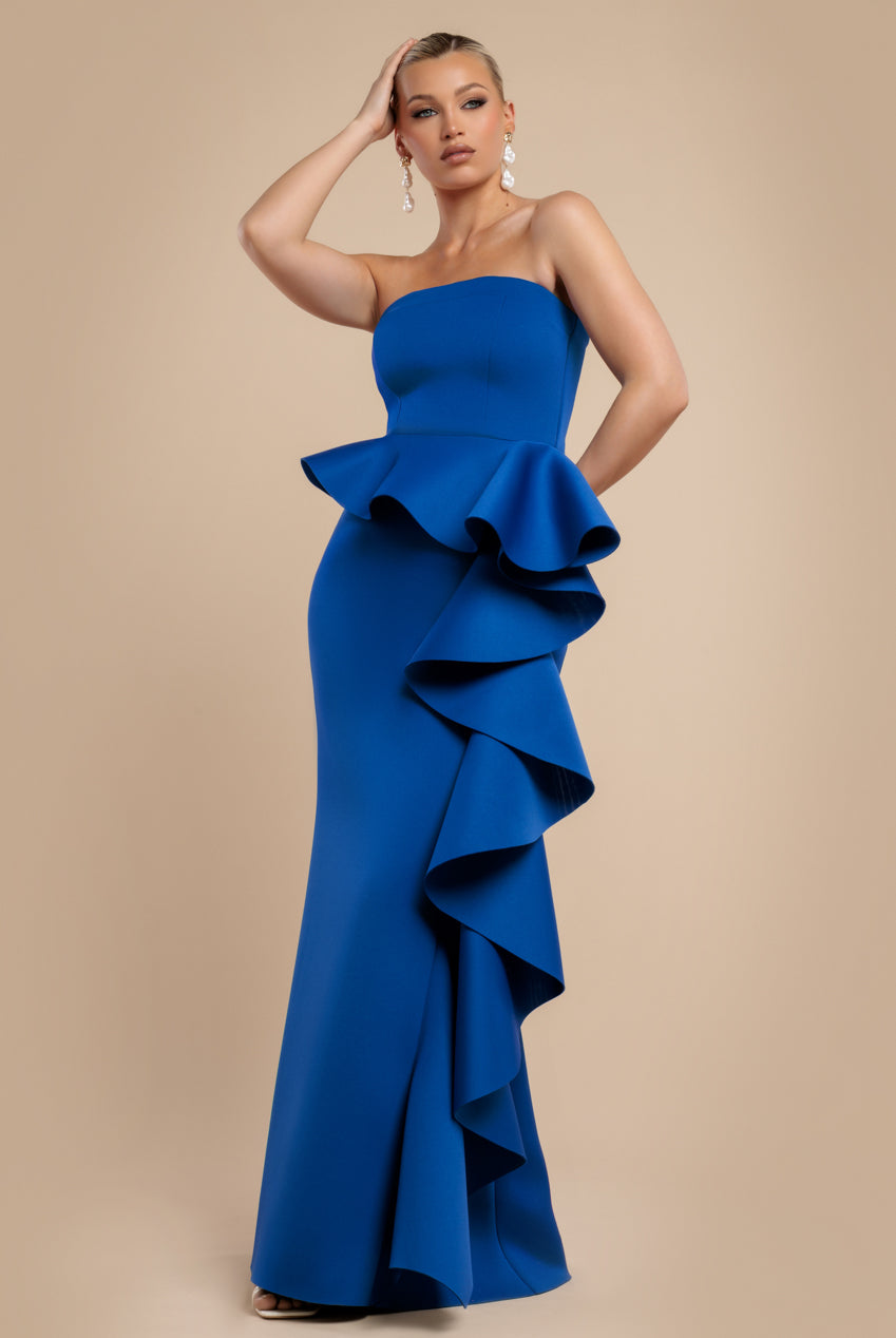 Boobtube Peplum  Waterfall Frill Maxi Dress - Royal Blue DR4738