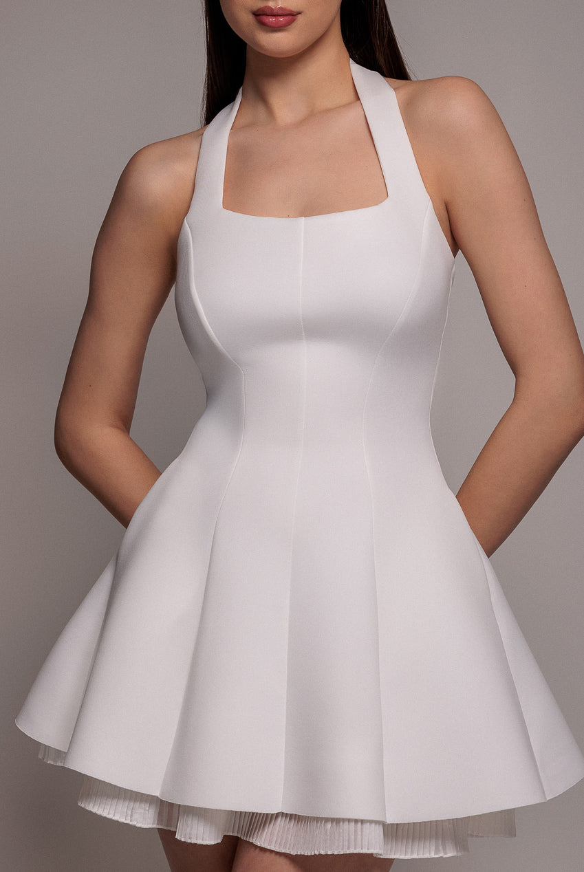 Organza Frill Bow Back Halter Mini Dress - Cream DR4744