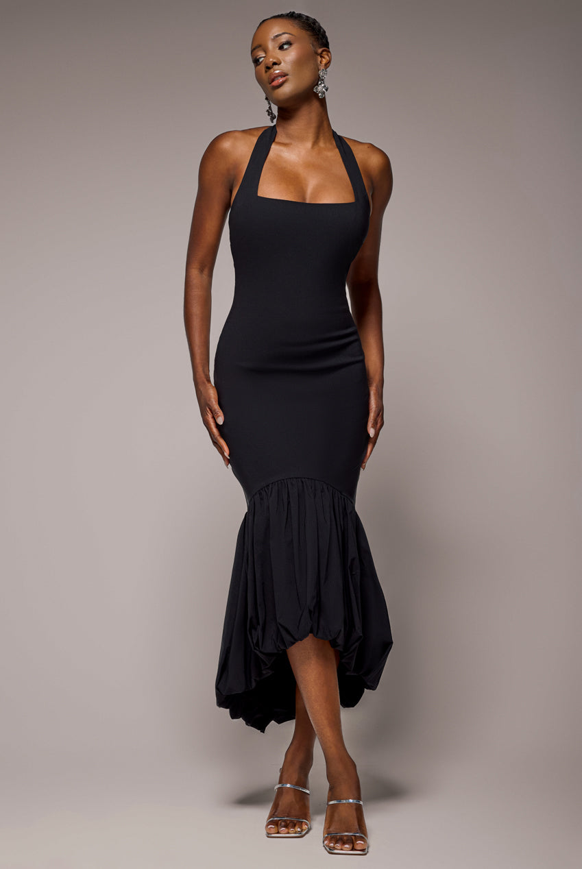 Halter Neck Puff Hem Mermaid Midaxi Dress - Black DR4747