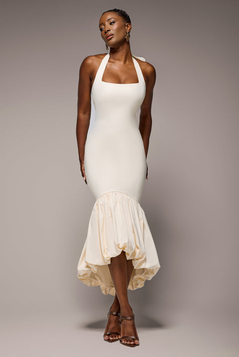 Halter Neck Puff Hem Mermaid Midaxi Dress - Cream by Goddiva