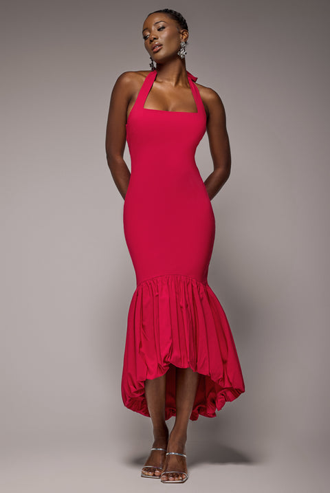 Halter Neck Puff Hem Mermaid Midaxi Dress - Red by Goddiva