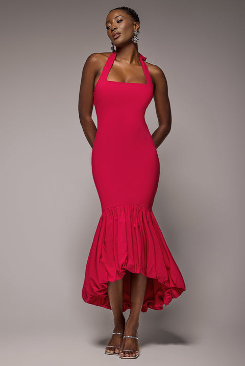 Halter Neck Puff Hem Mermaid Midaxi Dress - Red by Goddiva