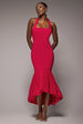 Halter Neck Puff Hem Mermaid Midaxi Dress - Red by Goddiva