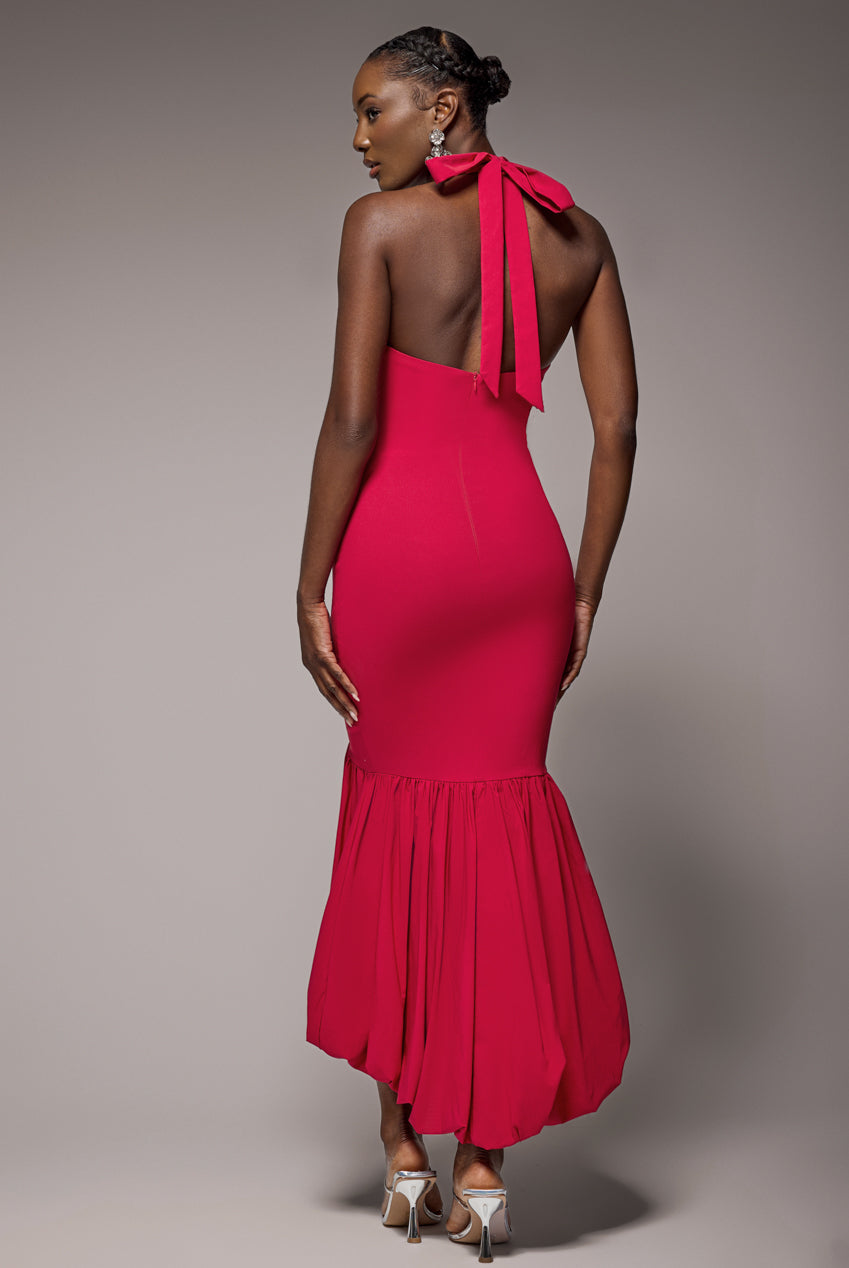 Halter Neck Puff Hem Mermaid Midaxi Dress - Red DR4747