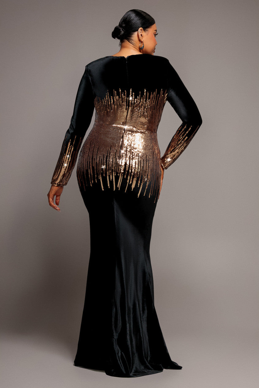 V Neck Ombre Sequin Velvet Maxi Dress - Black DR4756PLUS