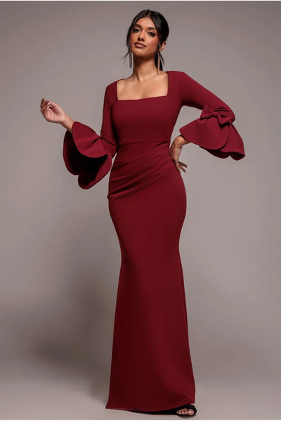 Wine - Petal Bow Sleeve Frill Maxi Dress - Wine by Goddiva