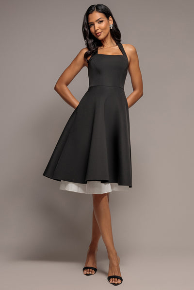 Black Cream - Contrast Organza Frill Bow Back Halter Midi Dress - Black Cream by Goddiva