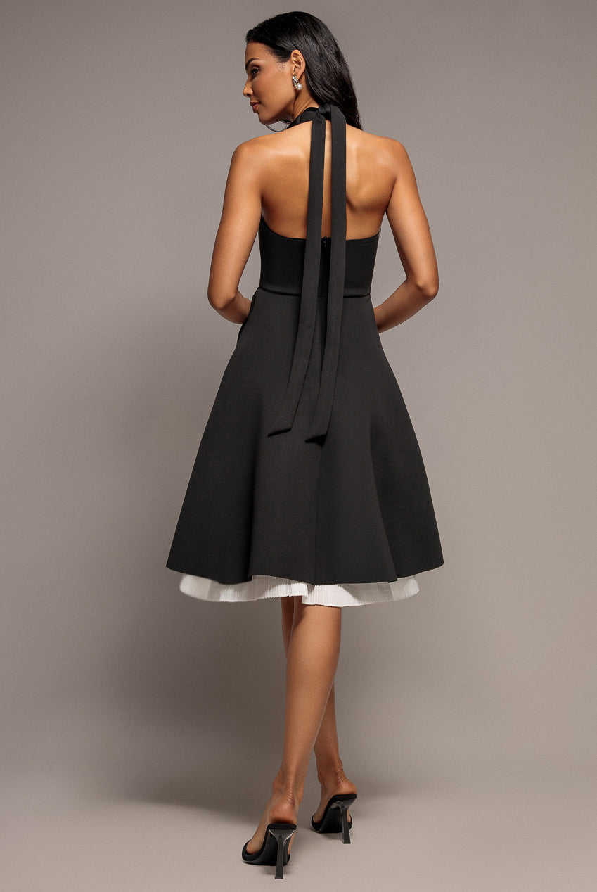 Contrast Organza Frill Bow Back Halter Midi Dress - Black Cream DR4770