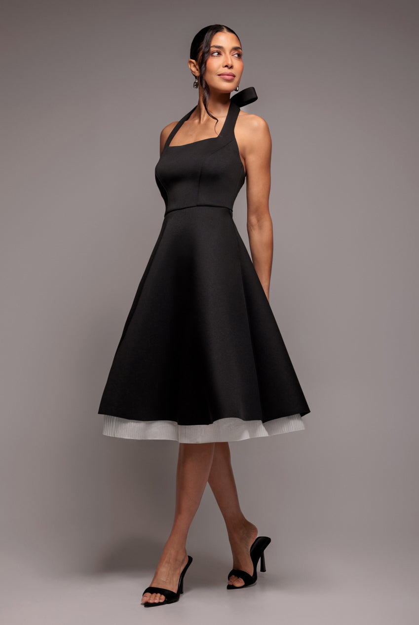 Contrast Organza Frill Bow Back Halter Midi Dress - Black Cream DR4770