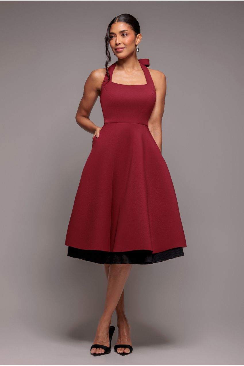 Contrast Organza Frill Bow Back Halter Midi Dress - Burgundy Black DR4770