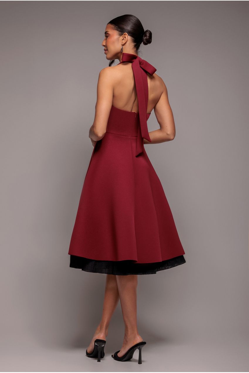 Contrast Organza Frill Bow Back Halter Midi Dress - Burgundy Black DR4770