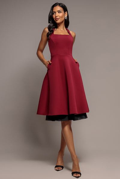 Contrast Organza Frill Bow Back Halter Midi Dress - Burgundy Black by Goddiva