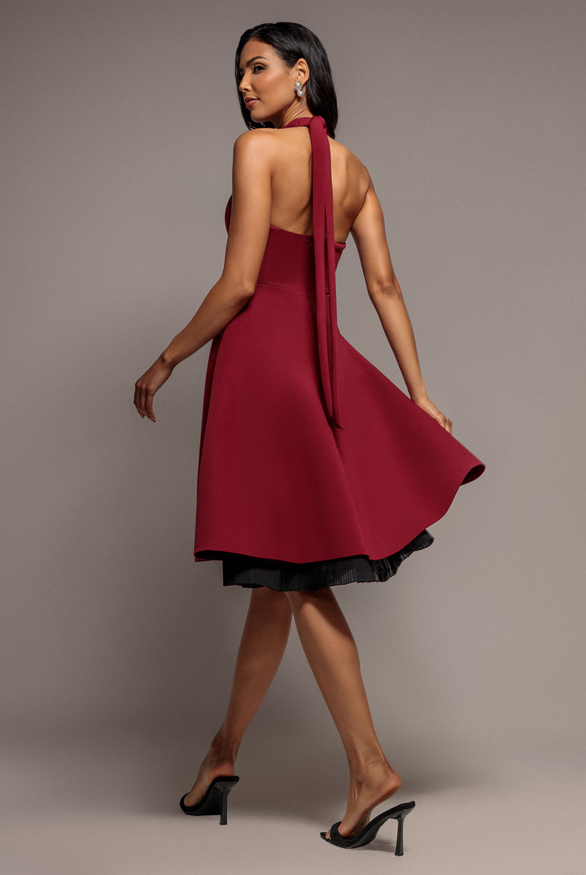 Contrast Organza Frill Bow Back Halter Midi Dress - Burgundy Black DR4770