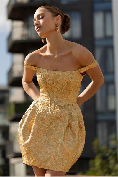 Gold - Corset Balloon Skirt Lace Up Back Mini Dress - Gold by Goddiva