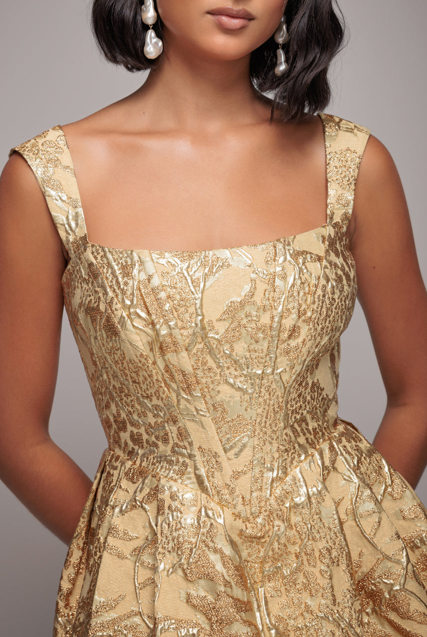 Corset Balloon Skirt Lace Up Back Mini Dress - Gold DR4778