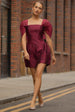 Lace Up Jacquard Mini Dress With Organza Wings - Burgundy Red by Goddiva