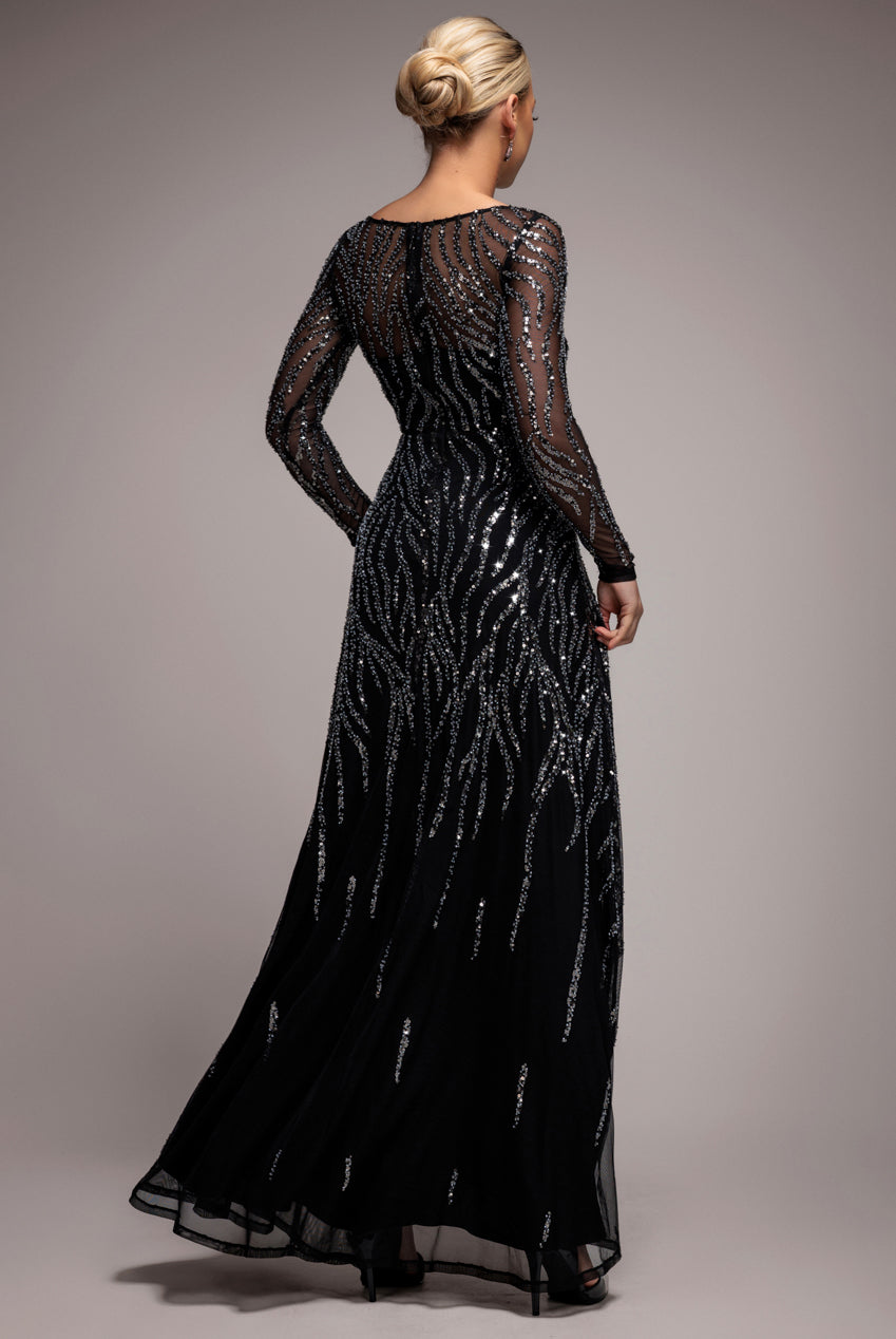 Ombre Sequin Beaded Flared Long Sleeve Maxi Dress - Black DR4782