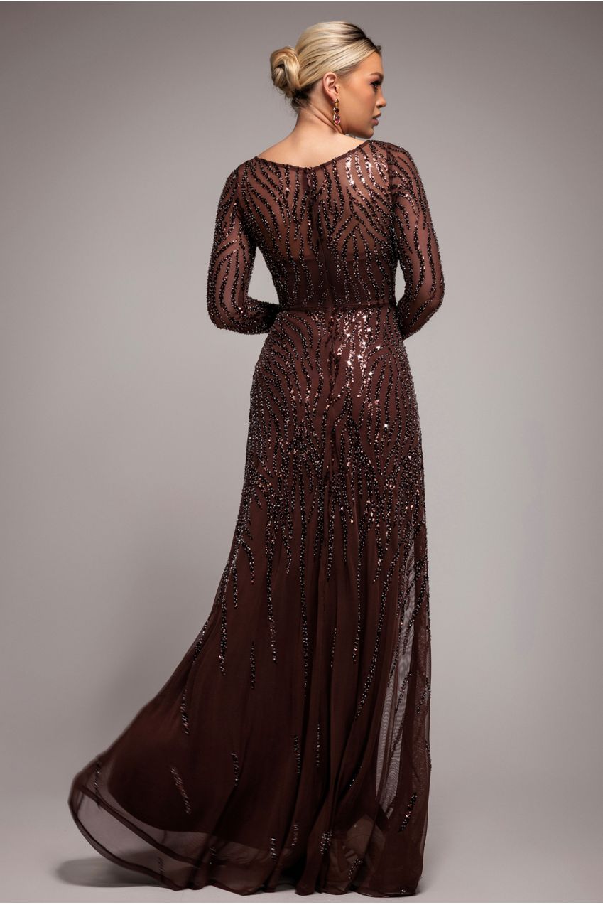 Ombre Sequin Beaded Flared Long Sleeve Maxi Dress - Brown | Goddiva Ombre Sequin Beaded Flared Long Sleeve Maxi Dress - Brown | Goddiva