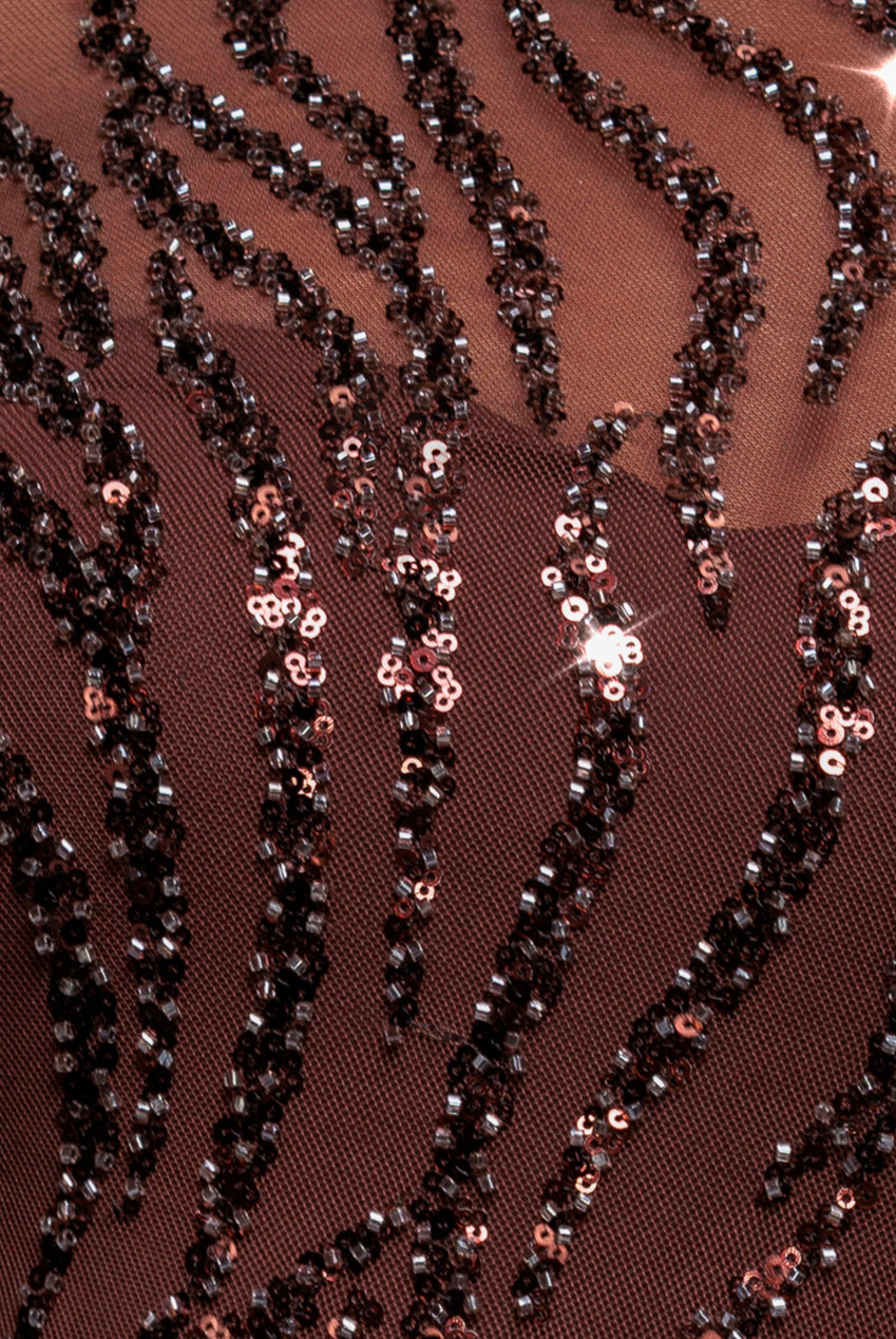 Ombre Sequin Beaded Flared Long Sleeve Maxi Dress - Brown DR4782