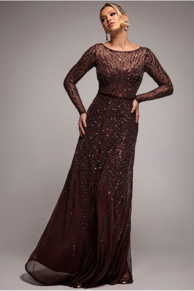 Ombre Sequin Beaded Flared Long Sleeve Maxi Dress - Brown